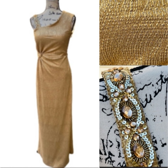 jackie jon Dresses & Skirts - Jackie Jon Dress Long Formal Gold Vintage Maxi Rhinestone Strap Sheath Size 8NWT